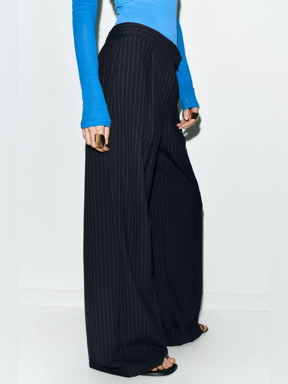 Wide-Leg Pinstripe Pleated Pants